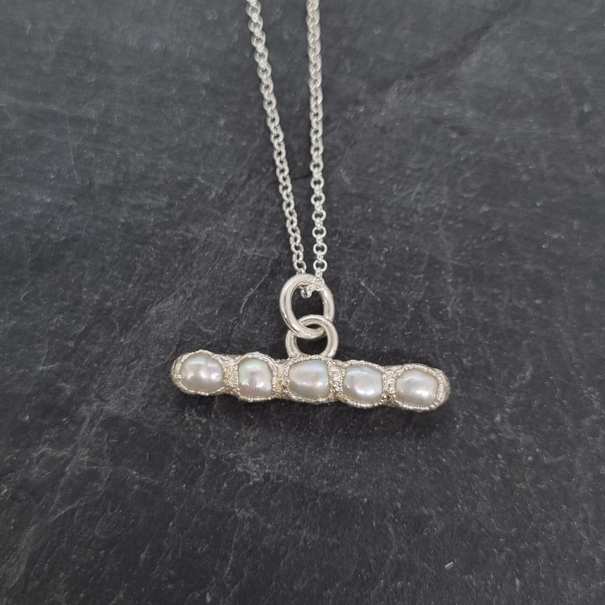 natural freshwater pearl t bar necklace sterling silver handmade by Jo Cooper Jewellery