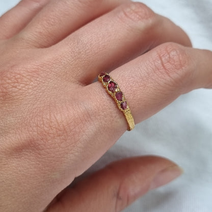 multi raw red spinel gold plated sterling silver ring on model