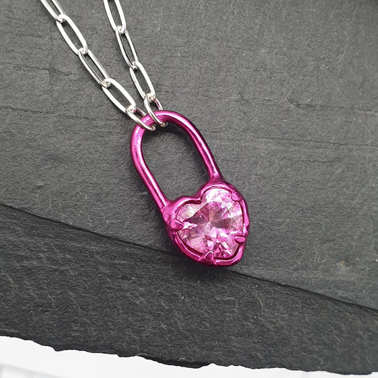 nano ceramic coated pink gemstone heart lock sterling silver necklace