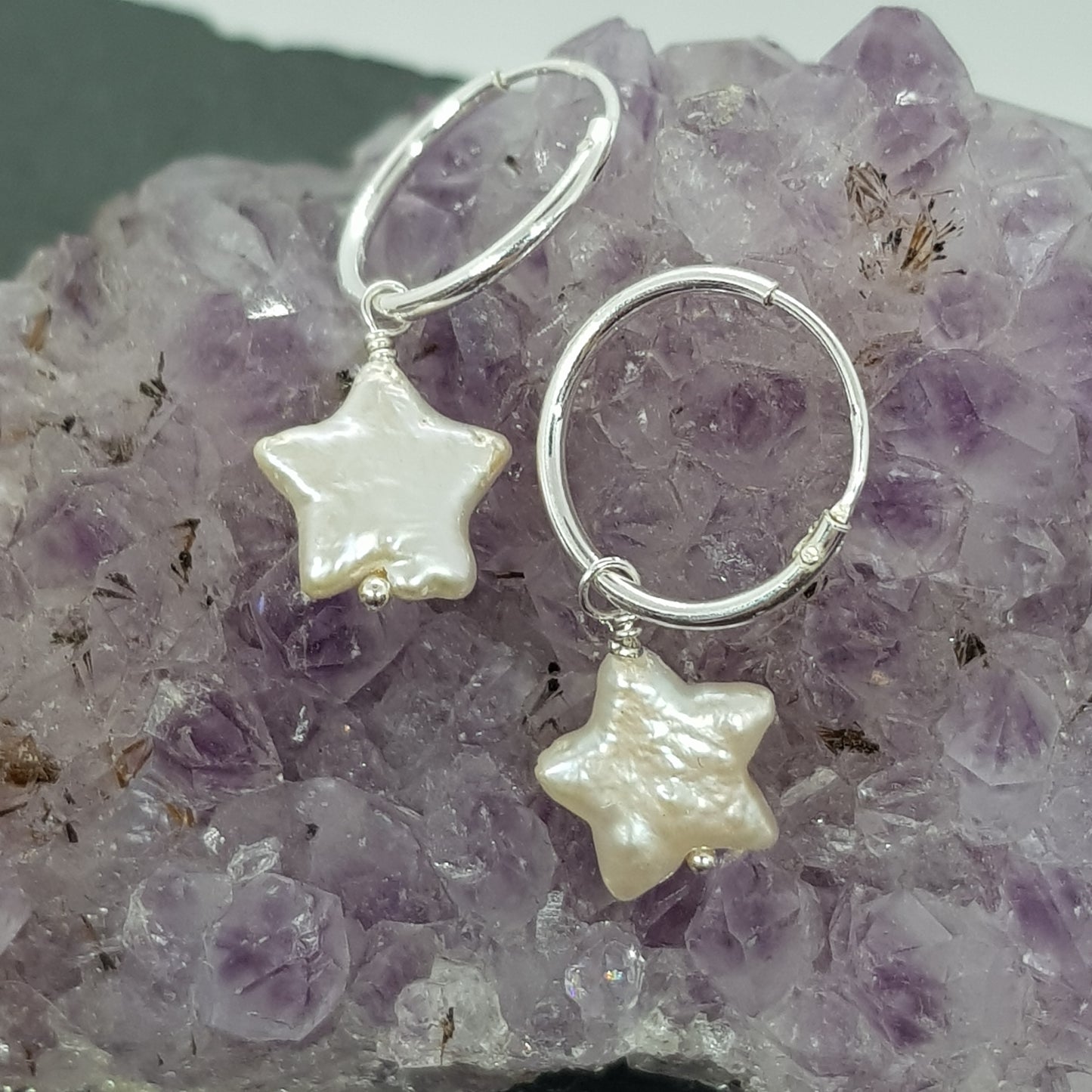 Freshwater Pearl Star Sterling Silver Creole Hoop Earrings