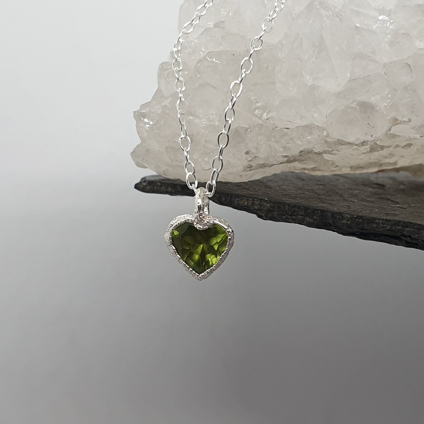 peridot heart sterling silver necklace handmade by Jo Cooper