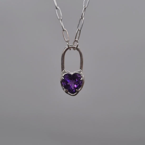 amethyst heart lock necklace sterling silver handmade by Jo Cooper Jewellery