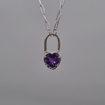 amethyst heart lock necklace sterling silver handmade by Jo Cooper Jewellery