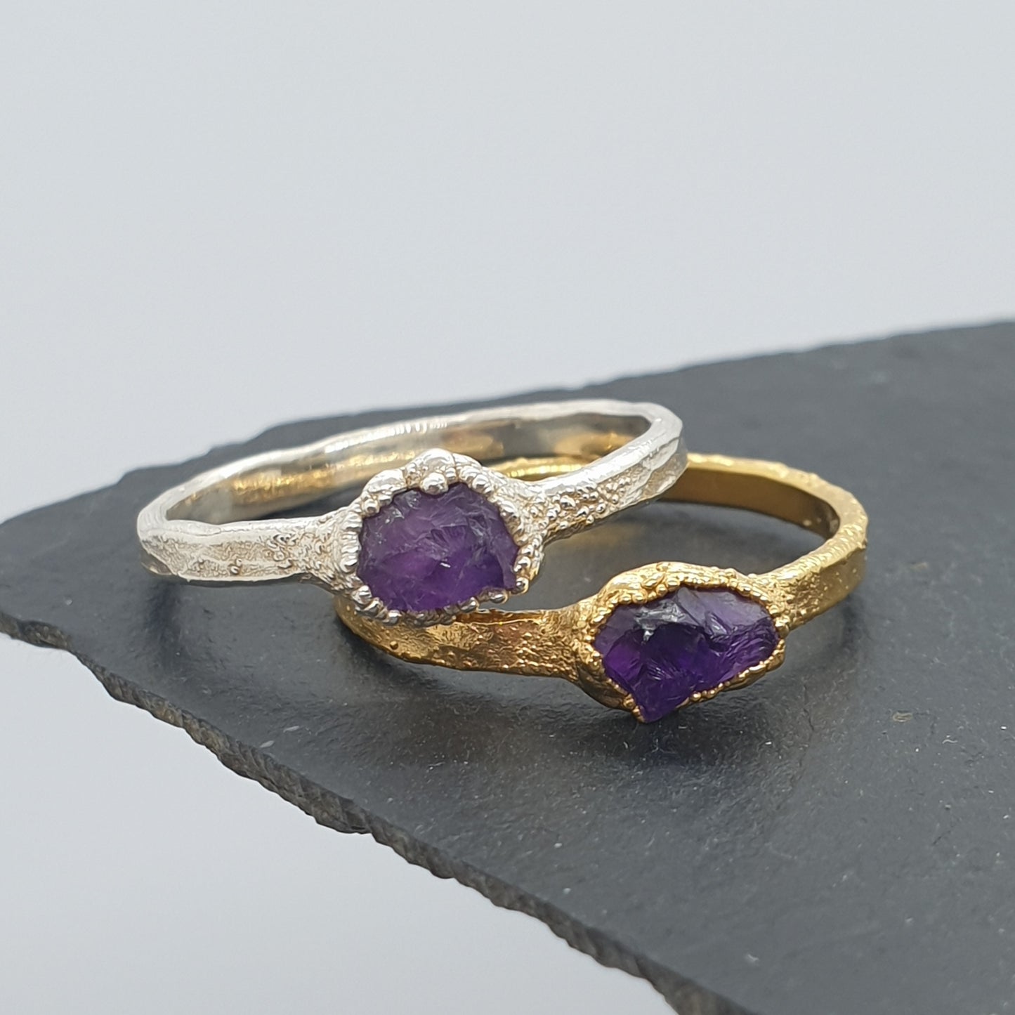 raw amethyst silver and gold rings