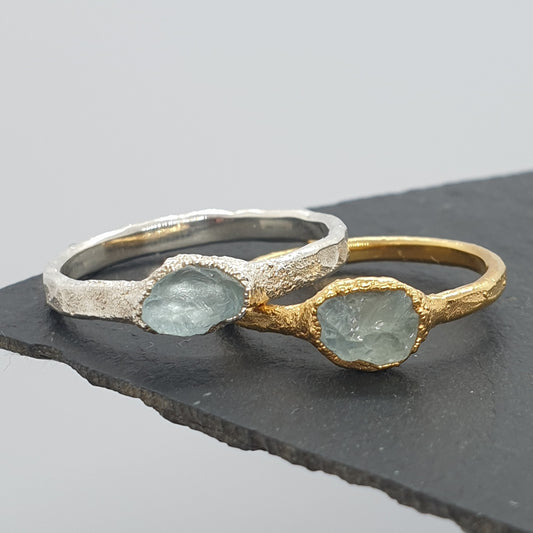 raw aquamarine silver and gold rings