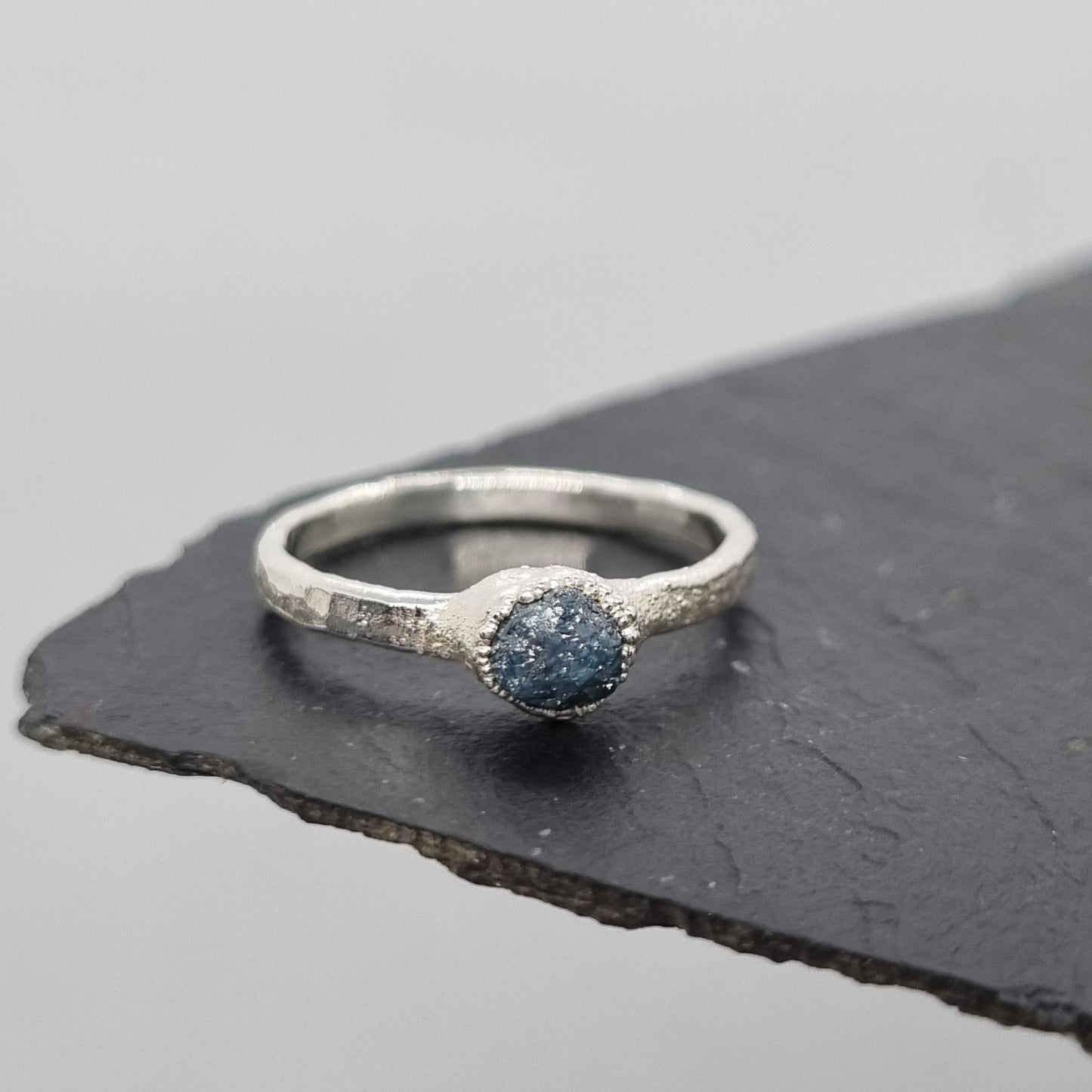 natural raw blue diamond sterling silver textured ring handmade by Jo Cooper