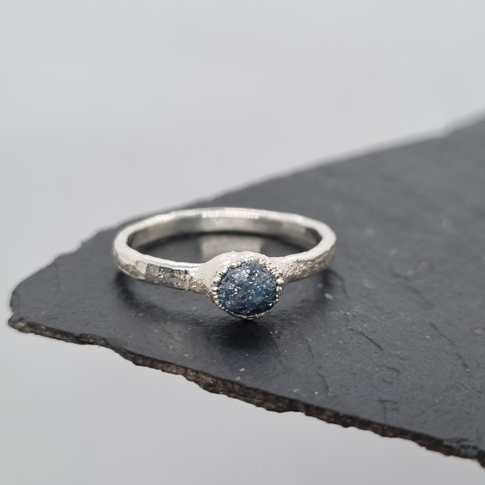 natural raw blue diamond sterling silver textured ring handmade by Jo Cooper