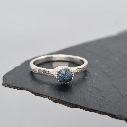 natural raw blue diamond sterling silver textured ring handmade by Jo Cooper