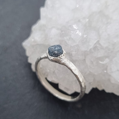 natural raw blue diamond sterling silver rustic ring handmade by Jo Cooper