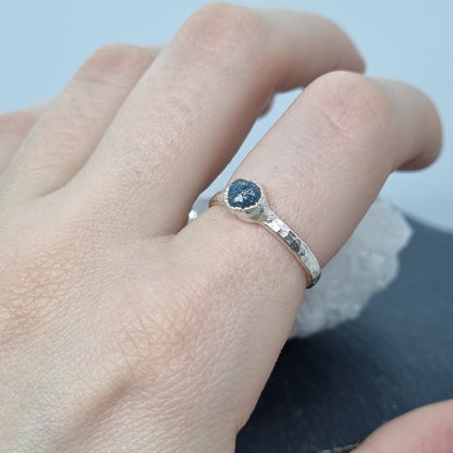 natural raw blue diamond sterling silver ring on hand