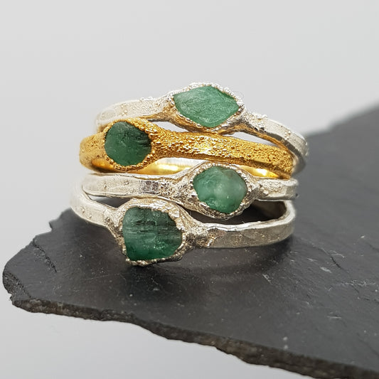 raw emerald silver an gold rings