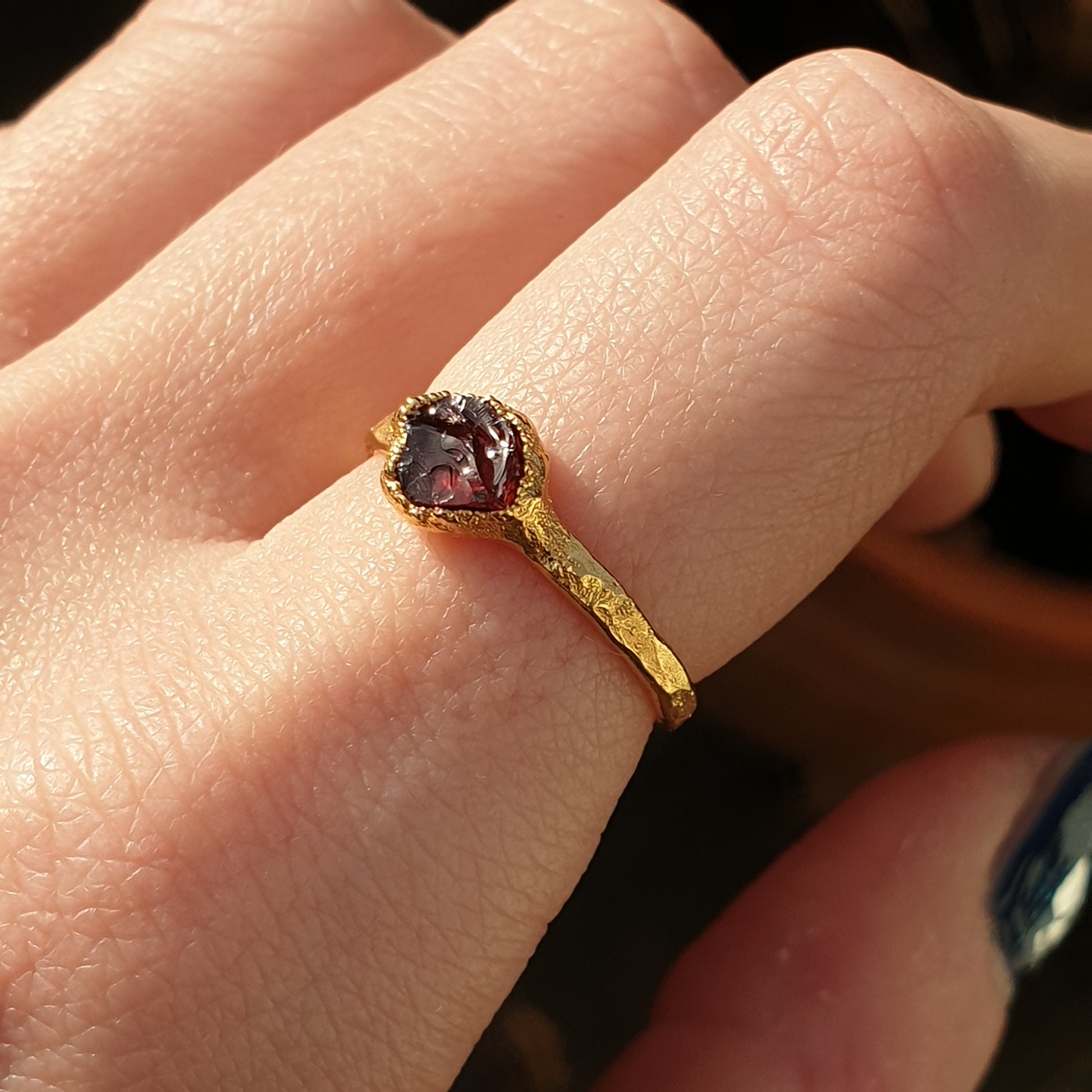 raw red garnet gold plated sterling silver ring