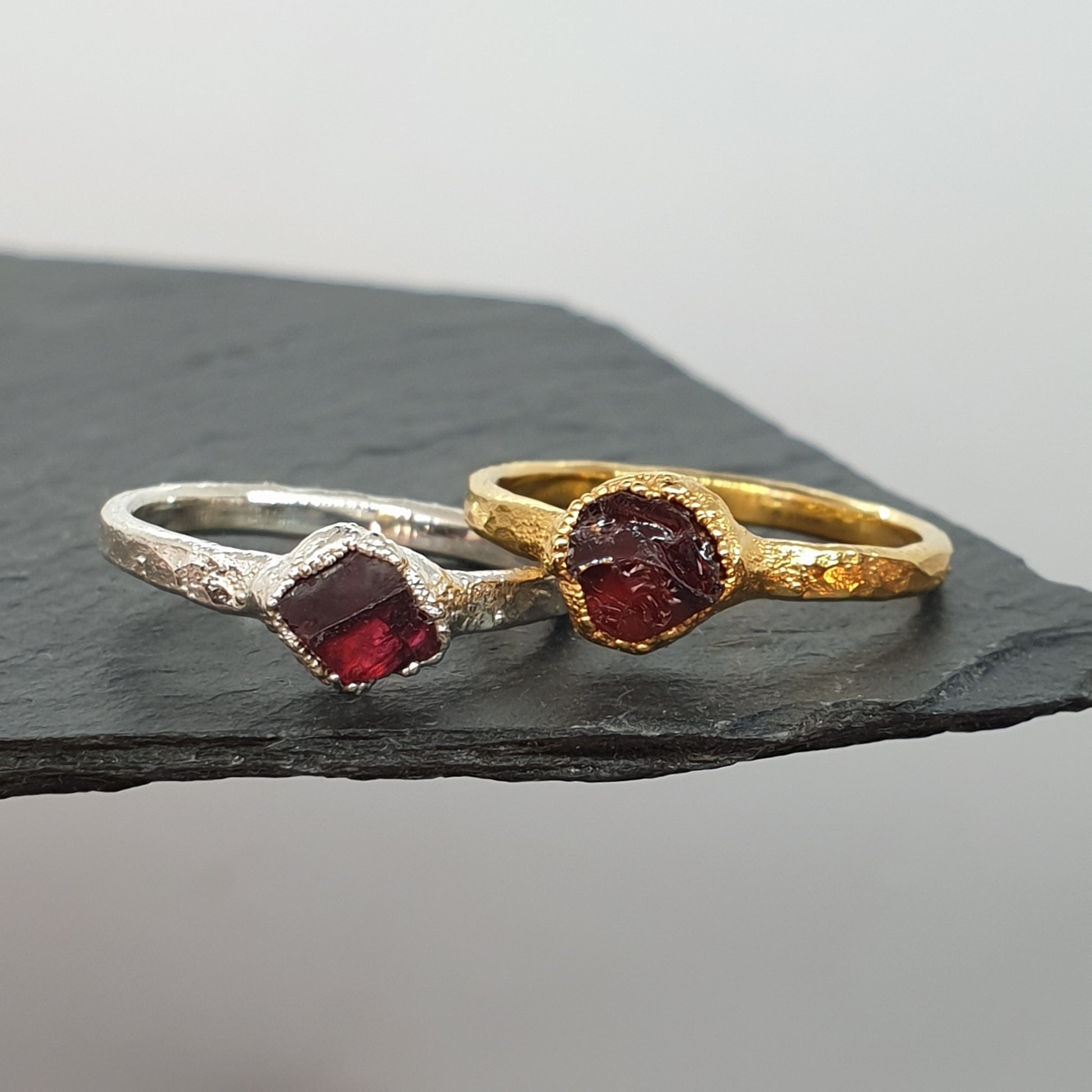 rough garnet sterling silver and gold vermeil rings