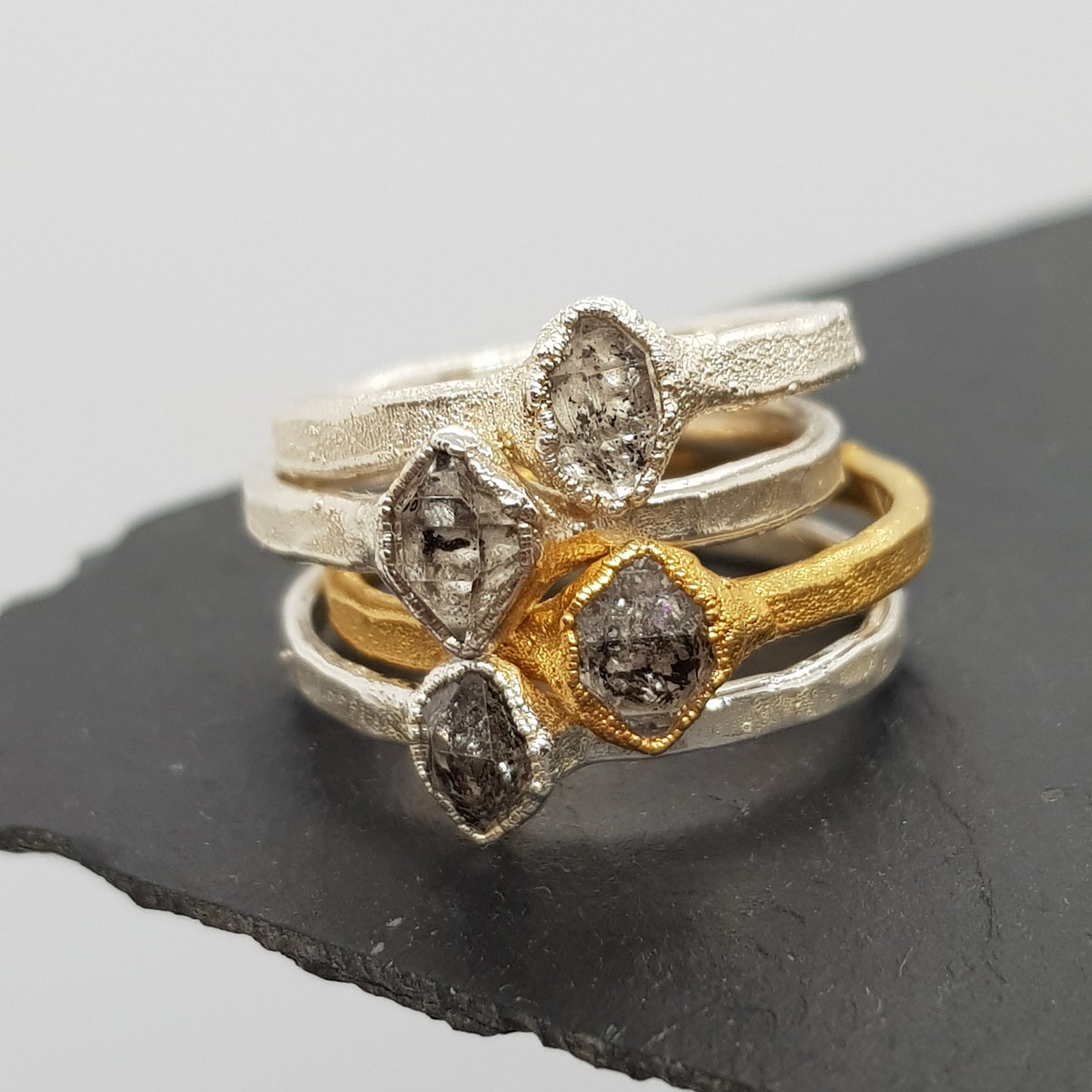 raw Herkimer diamond silver and gold rings