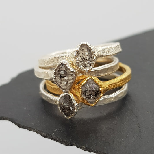 raw Herkimer diamond silver and gold rings