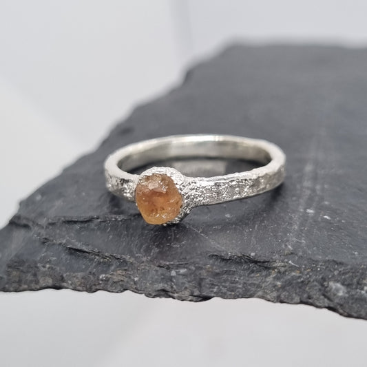 recycled sterling silver textured ring with raw Imperial topaz, handmade by Jo Cooper