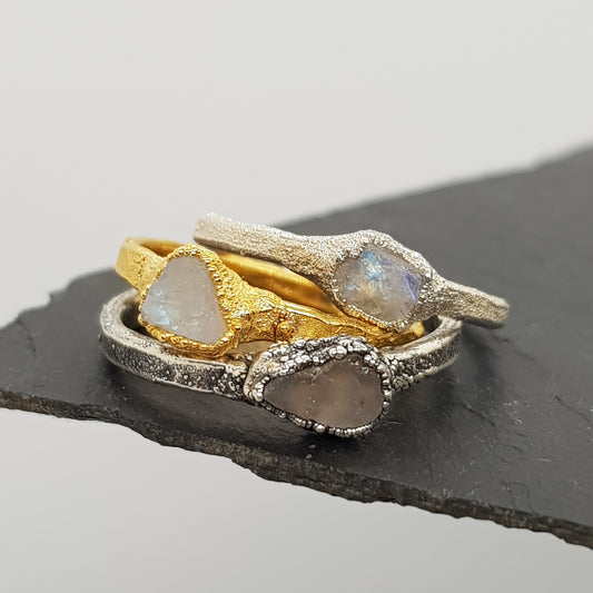 raw moonstone silver and gold rings