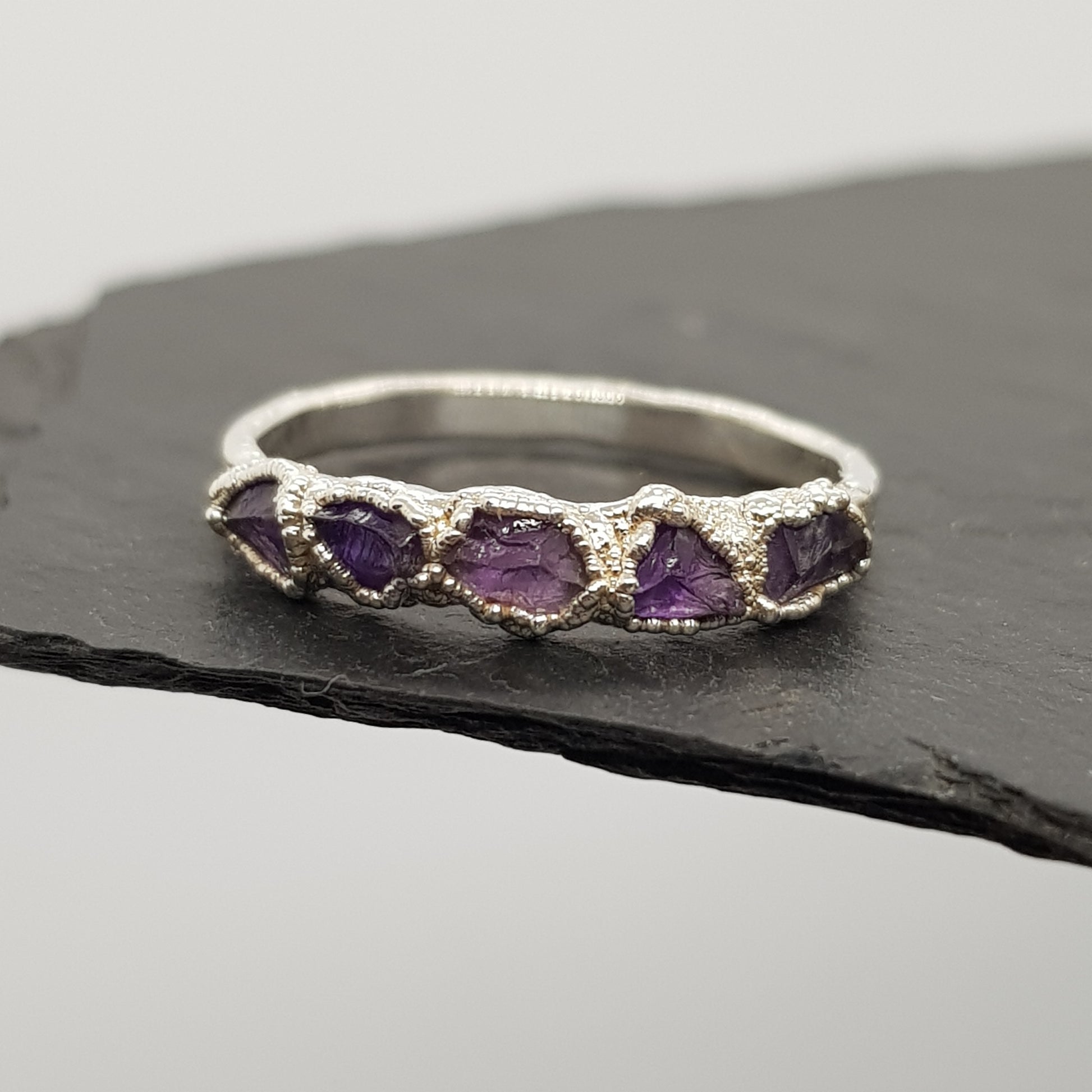 raw multi amethyst silver ring