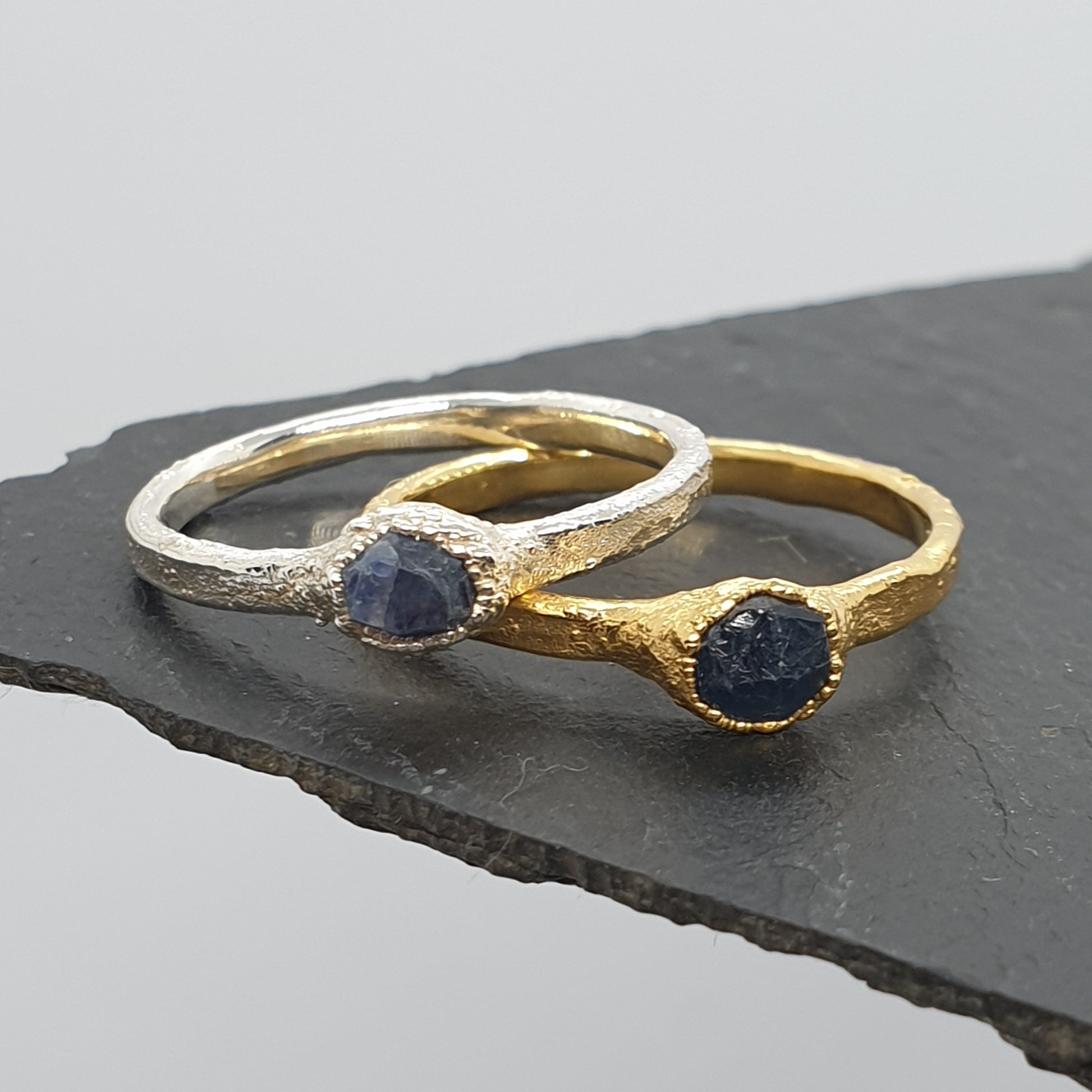 raw sapphire silver and gold rings