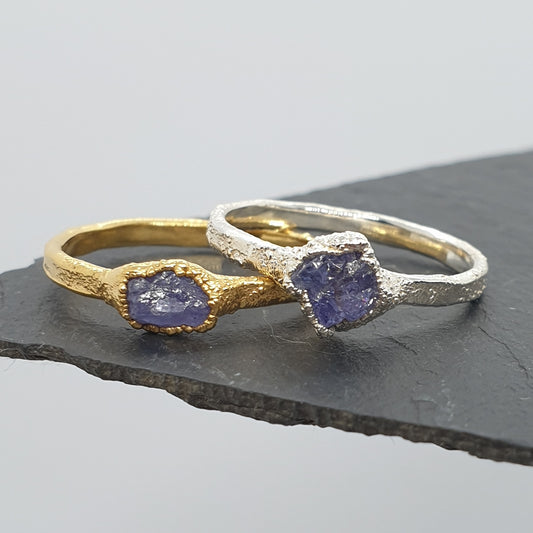 raw tanzanite silver and gold ring