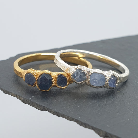 electroformed sterling silver and gold multi sapphire rings