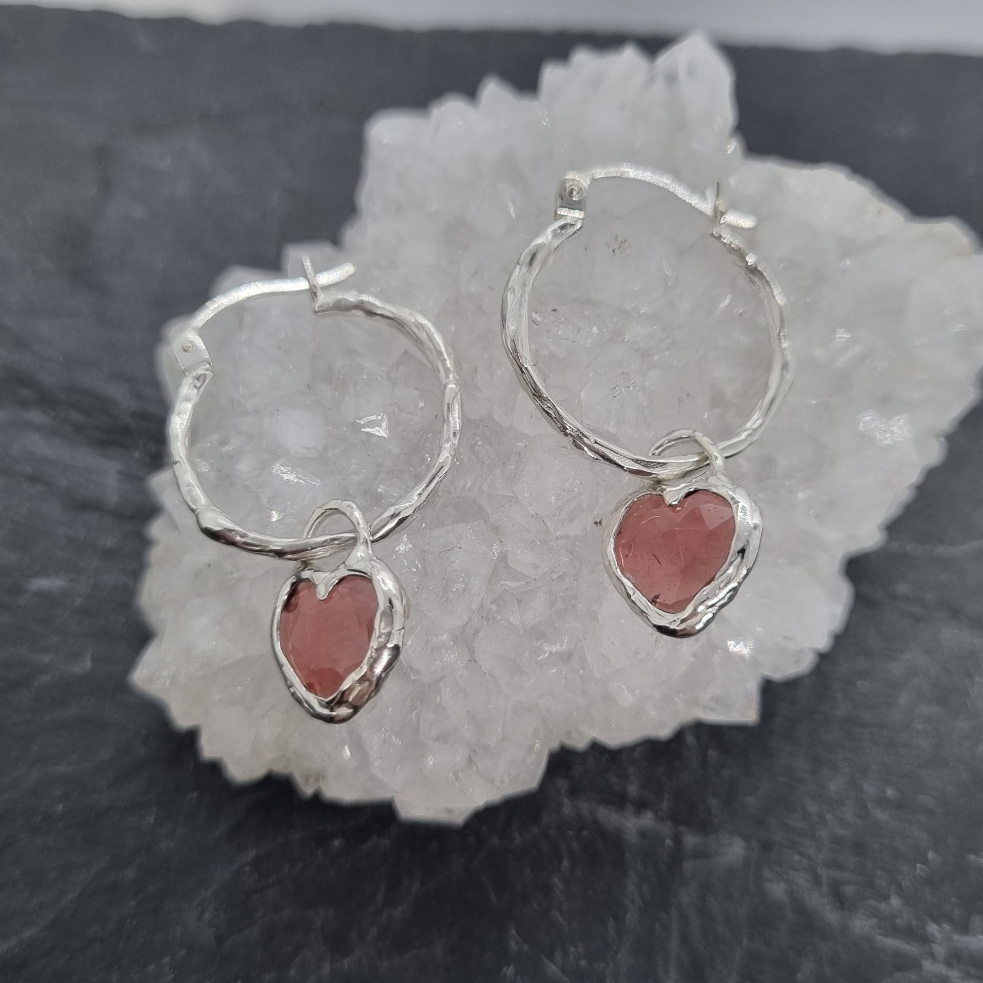 Heart-shaped rose cut red garnet molten sterling silver molten hoops earrings handmade by Jo Cooper Jewellery