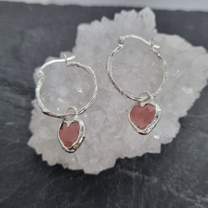 Heart-shaped rose cut red garnet molten sterling silver molten hoops earrings handmade by Jo Cooper Jewellery