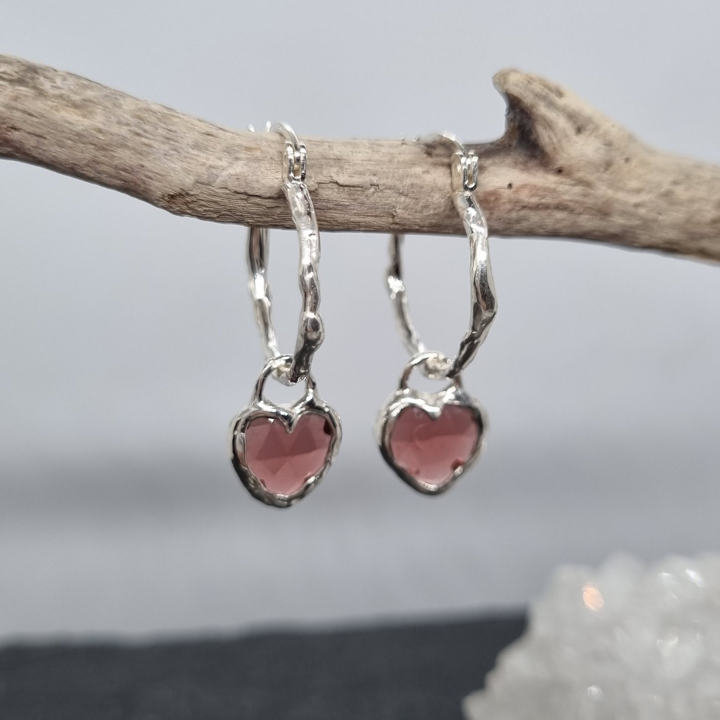 Heart shaped rose cut red garnet molten sterling silver molten hoops earrings handmade by Jo Cooper Jewellery