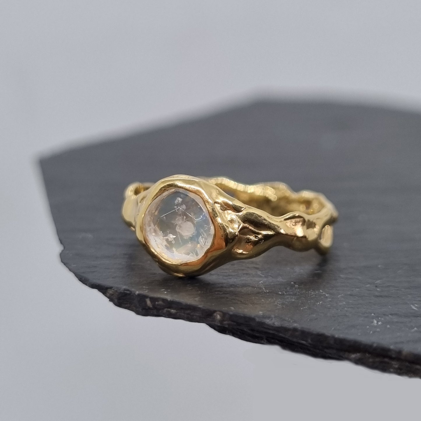 unique one of a kind moonstone gold ring size O