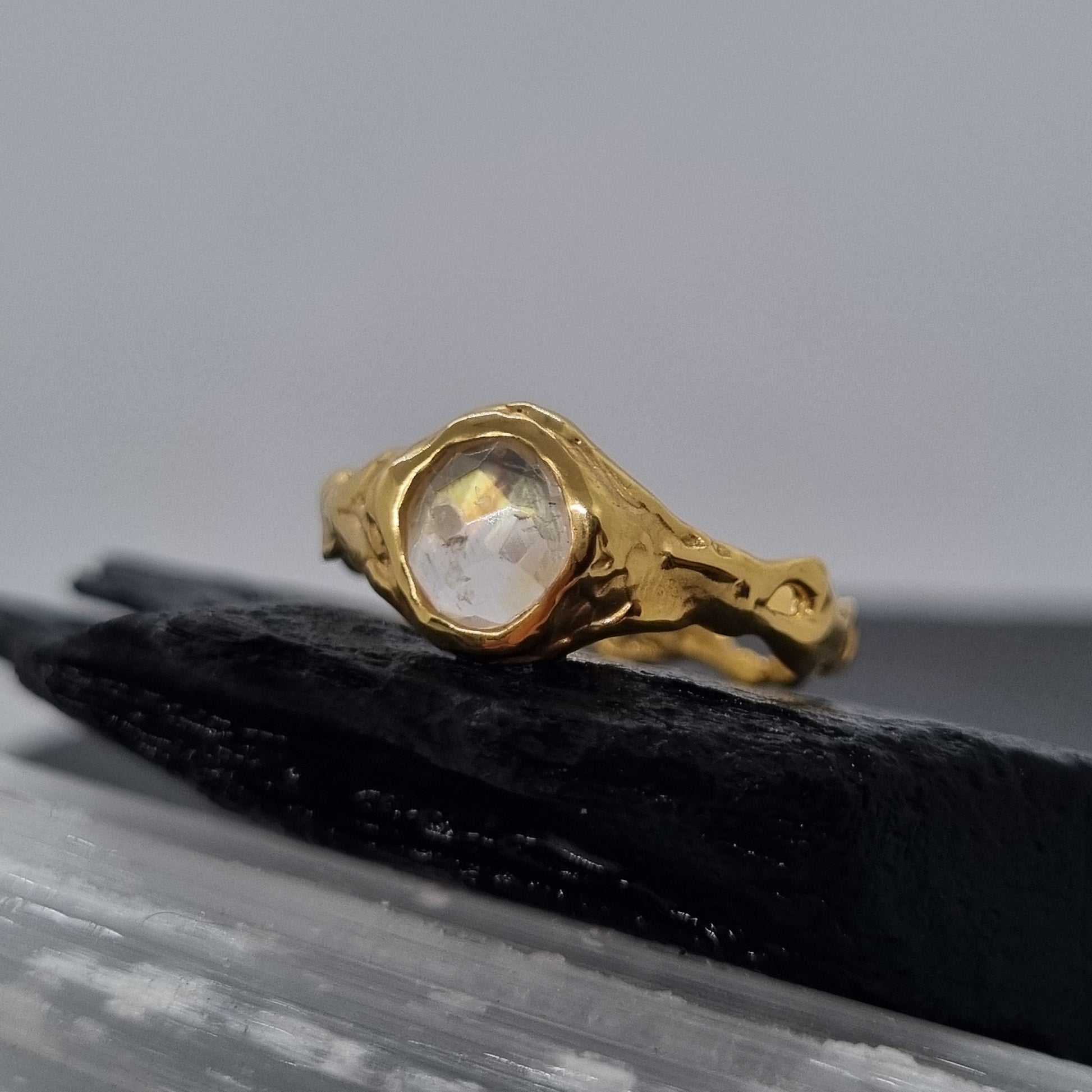 rose cut moonstone gold plated sterling silver molten ring handmade by Jo Cooper Jewellery