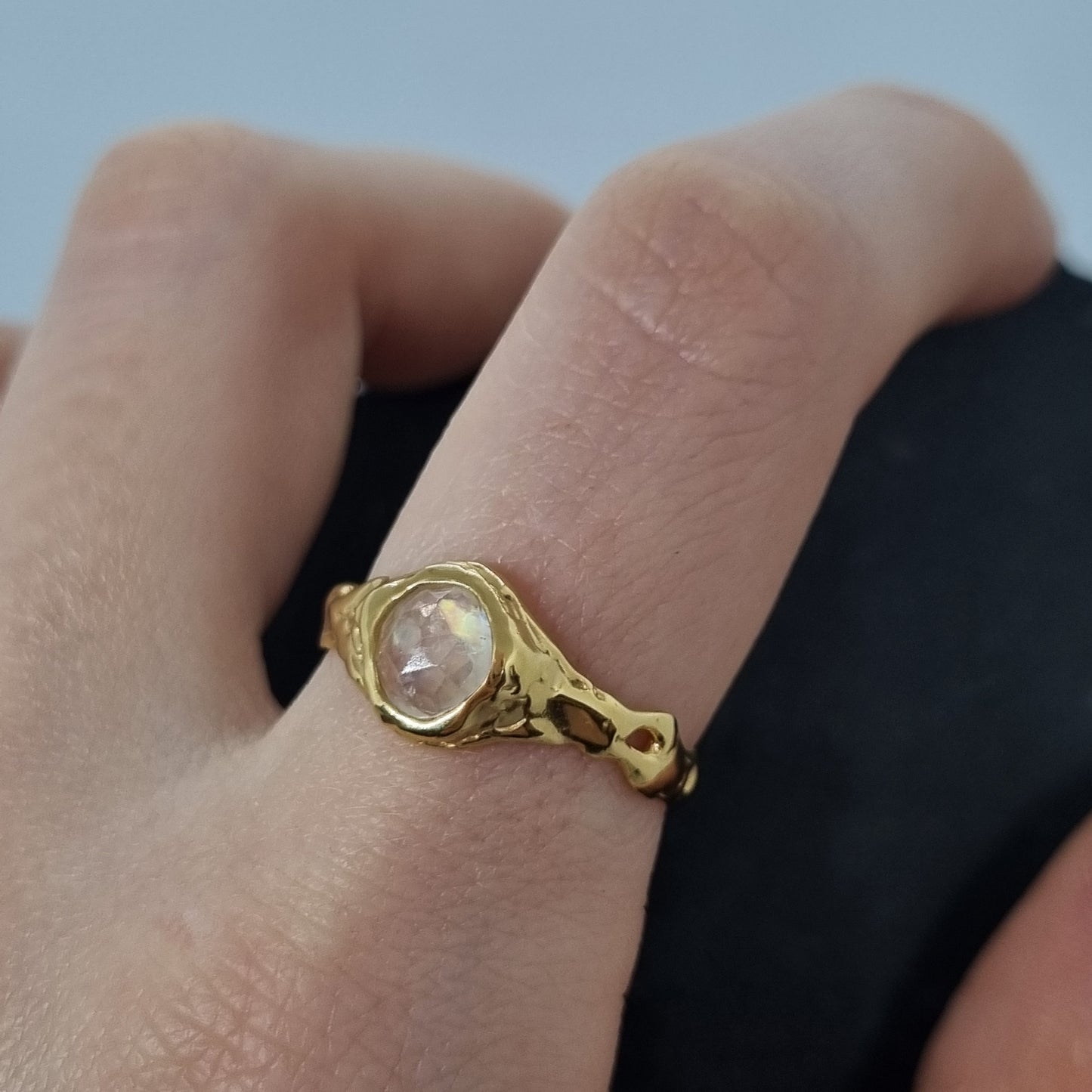 moonstone gold vermeil sterling silver molten textured ring handmade by Jo Cooper Jewellery