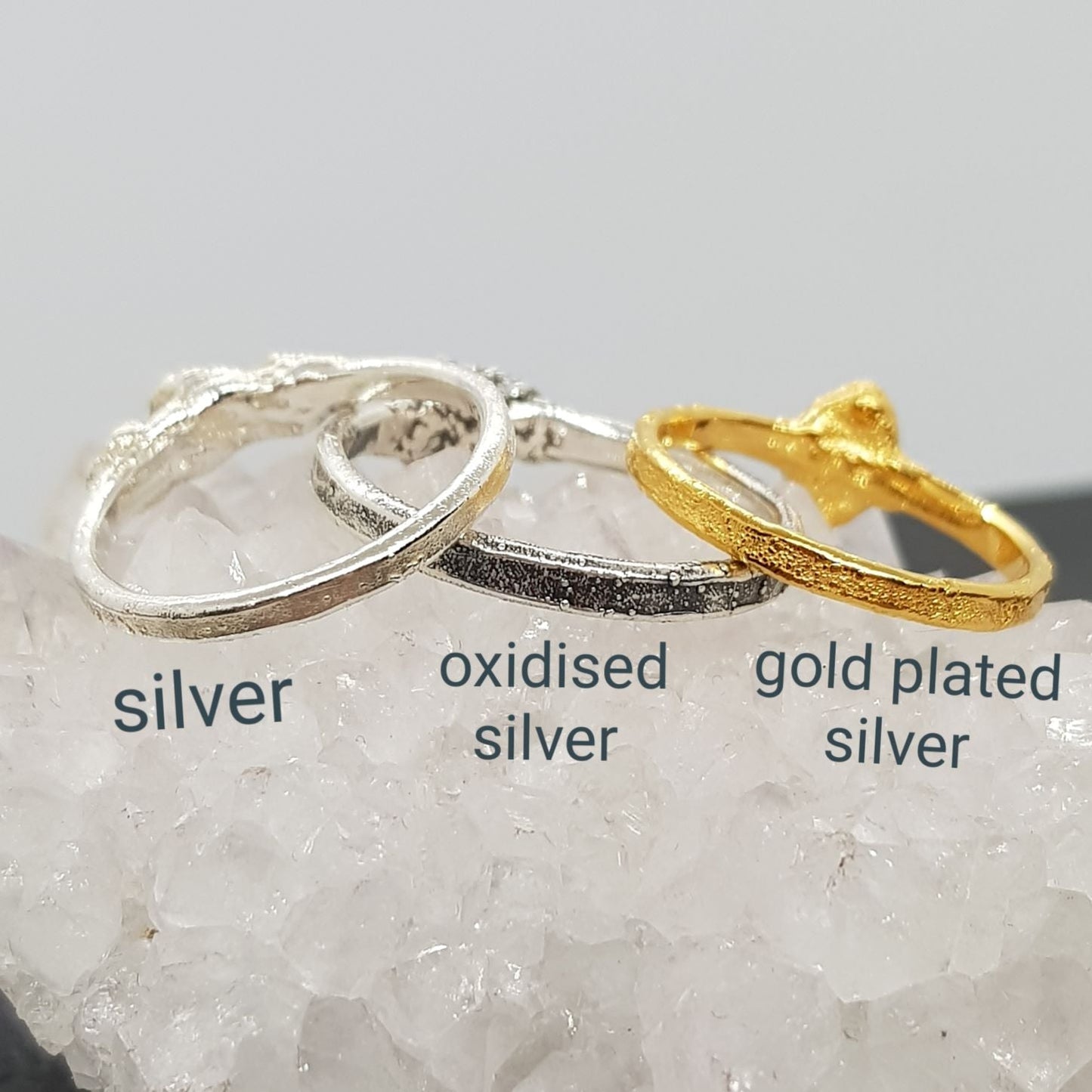 example of ring finishes - silver, oxidised silver and gold plated silver
