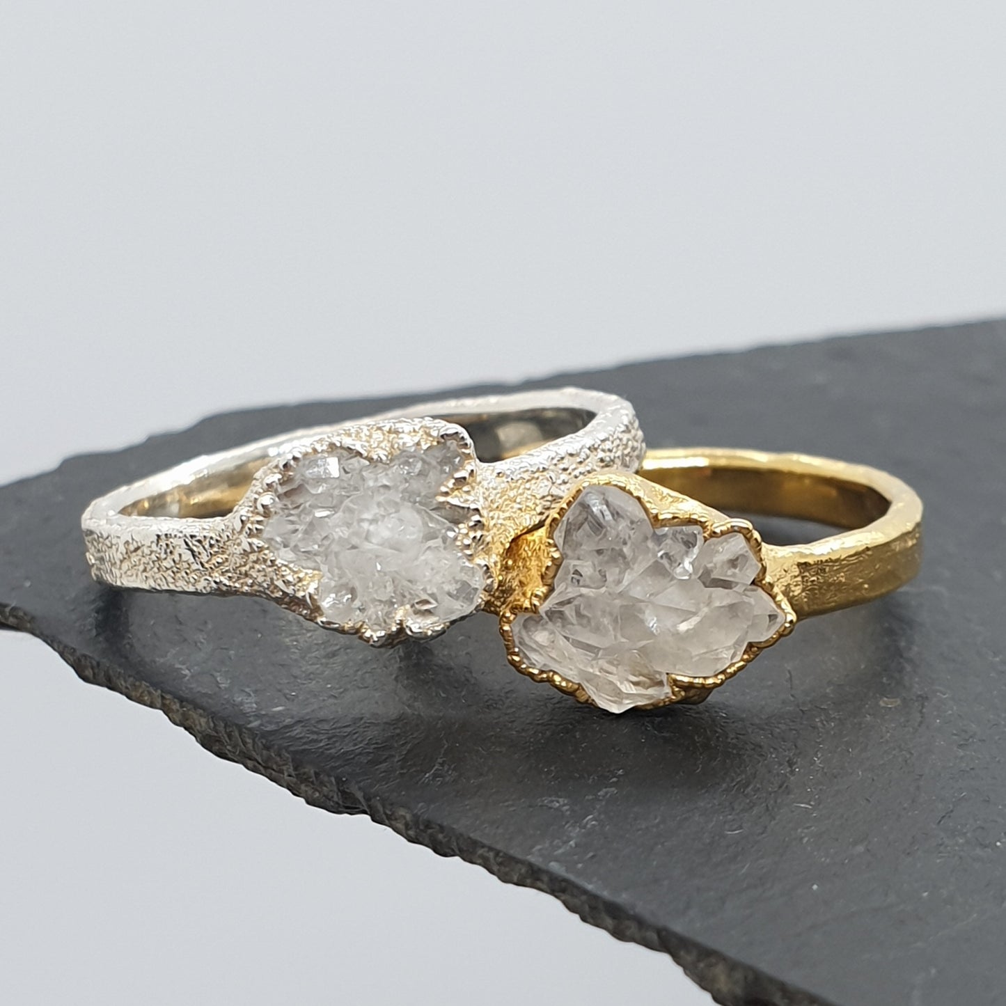 snow quartz silver and gold rings