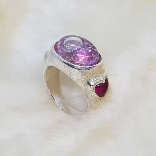 pink glitter sterling silver bubble ring and ruby hearts