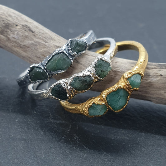 triple raw emerald rings silver oxidised and gold