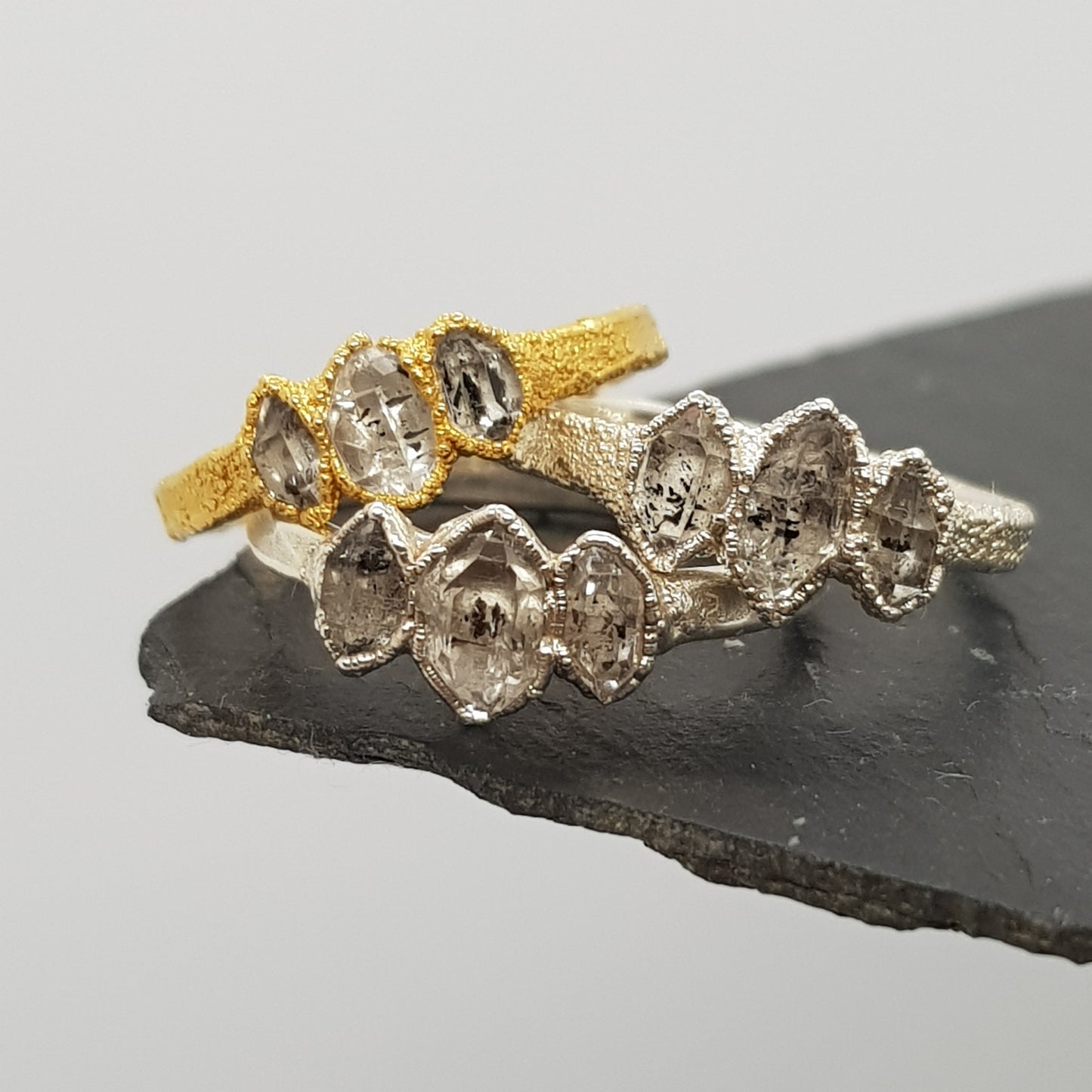 triple raw Herkimer diamond silver and gold rings