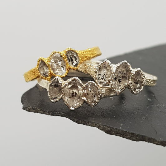 triple raw Herkimer diamond silver and gold rings