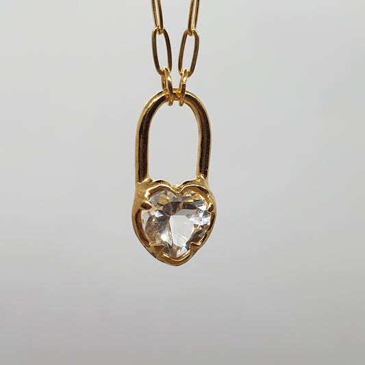 crystal heart lock gold plated sterling silver necklace