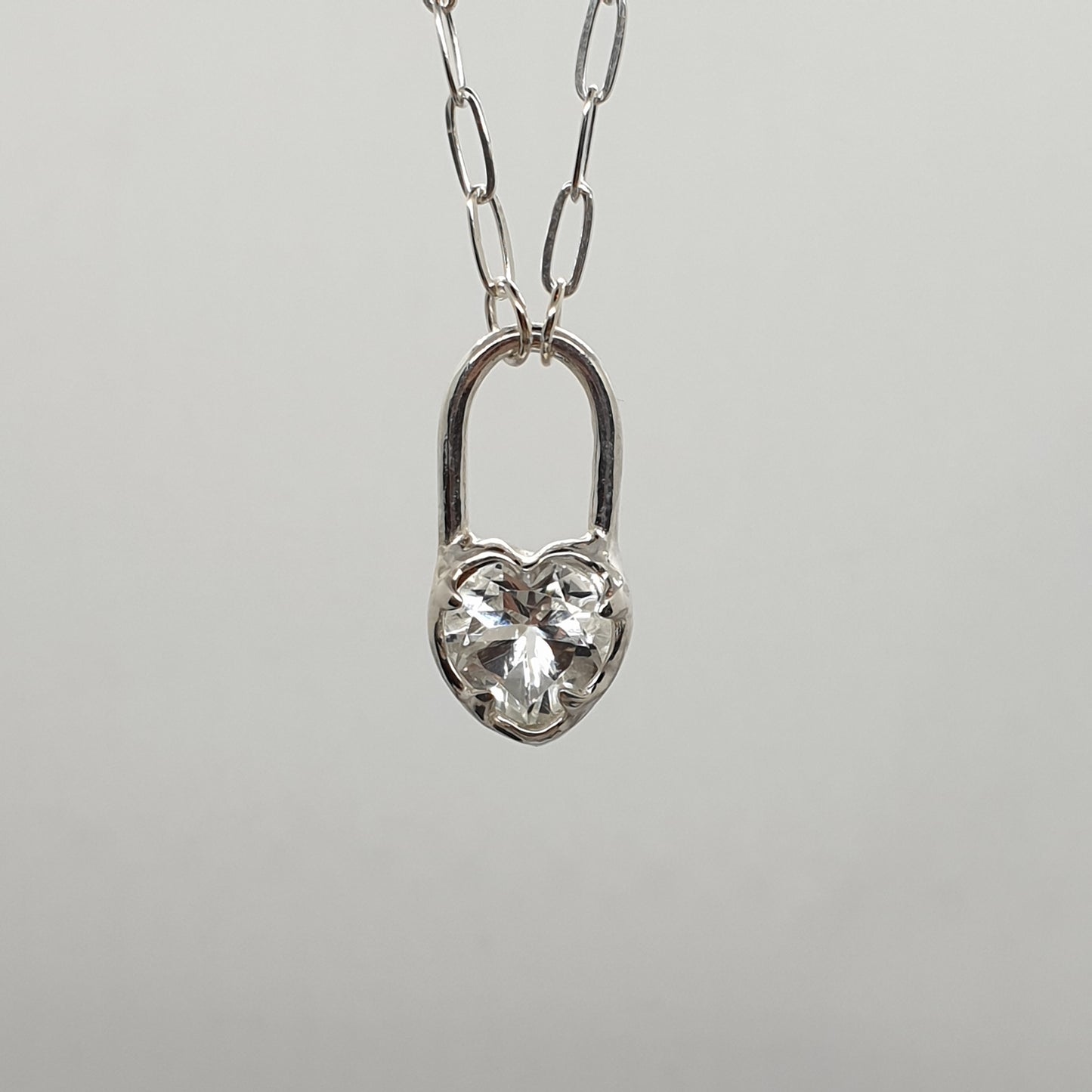 clear gemstone faceted heart lock sterling silver necklace