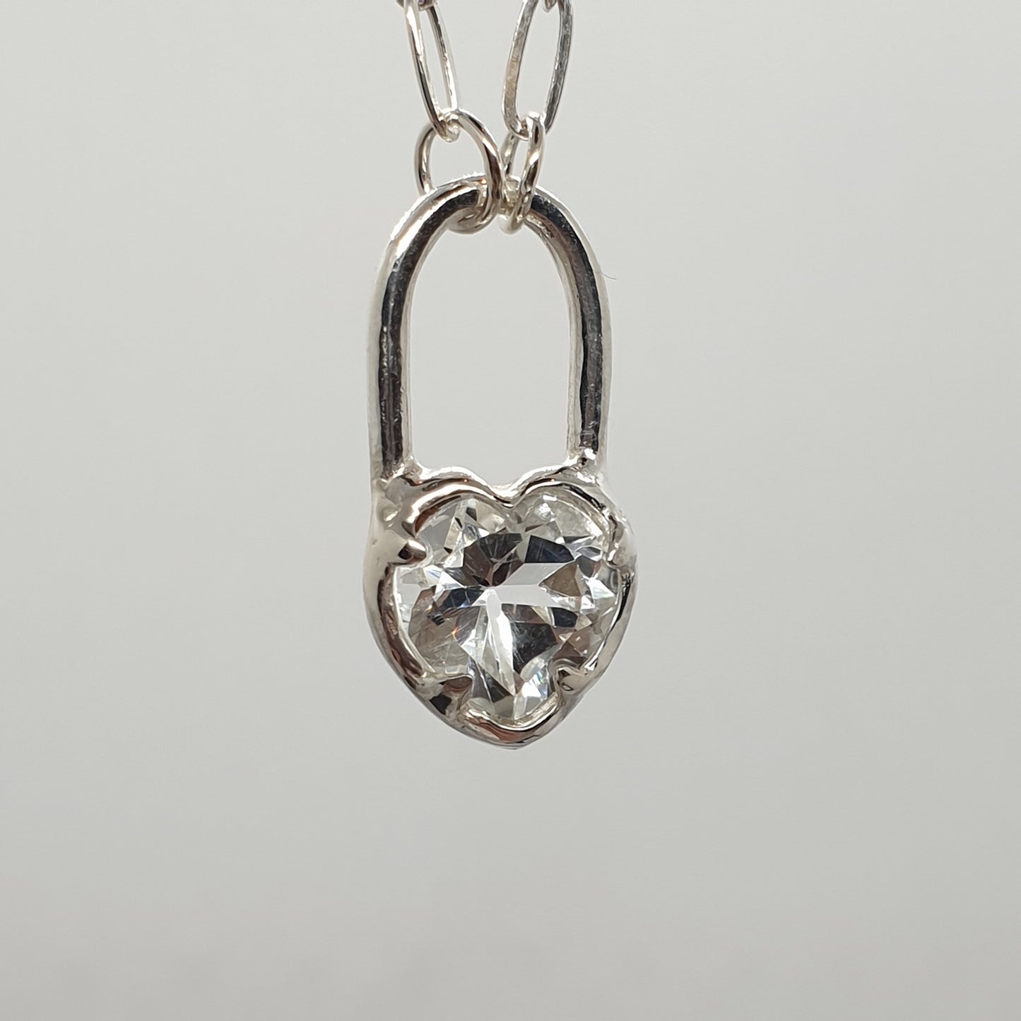 white topaz heart lock sterling silver necklace handmade by Jo Cooper Jewellery