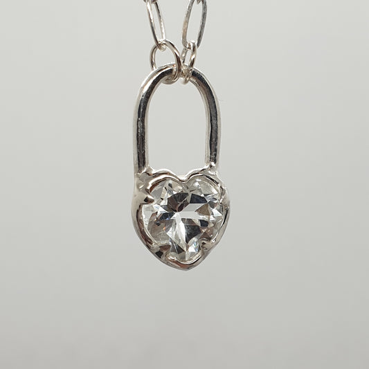 white topaz heart lock sterling silver necklace handmade by Jo Cooper Jewellery