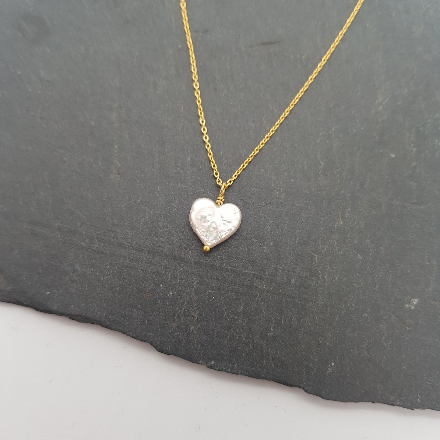 heart shaped freshwater pearl on gold plated sterling silver chain necklace