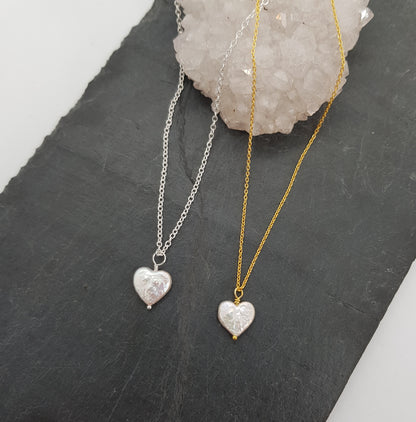 heart shaped freshwater pearl on sterling silver and gold plated sterling silver chain necklace