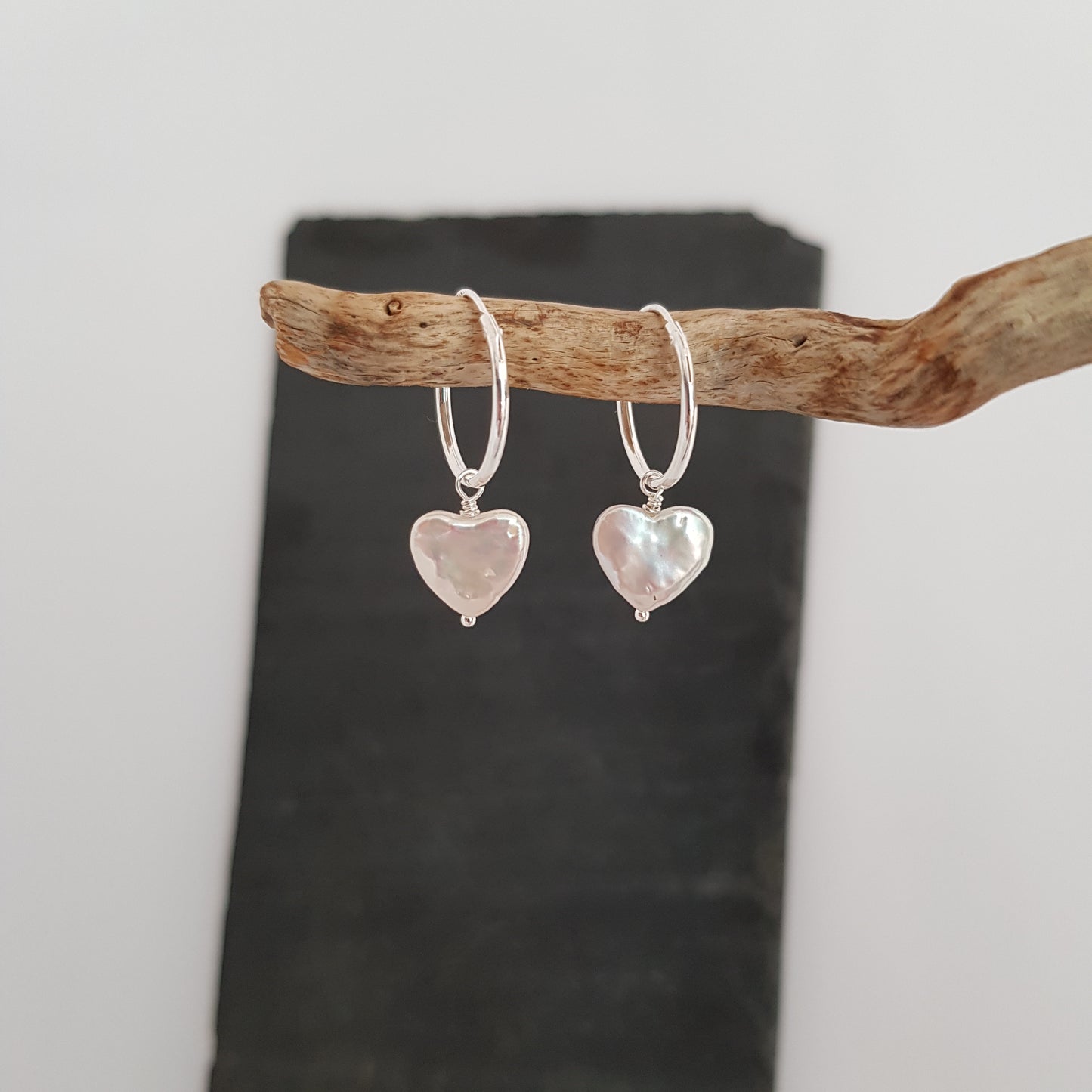 heart shaped freshwater pearl on sterling silver hoop earrings