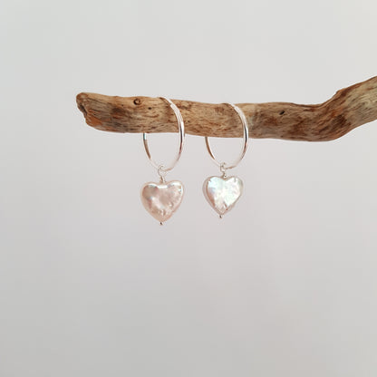 heart shaped freshwater pearl on sterling silver hoop earrings