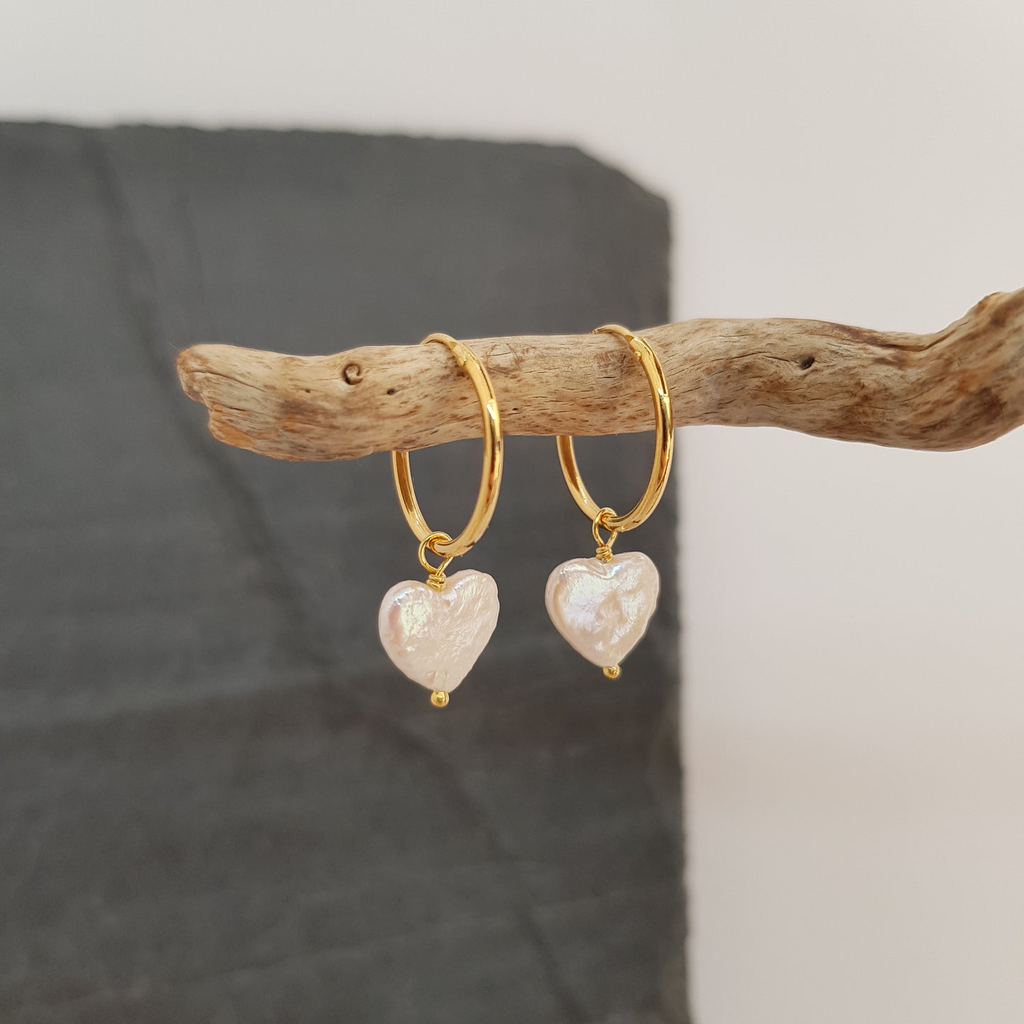 heart shaped freshwater pearl on gold plated sterling silver hoop earrings