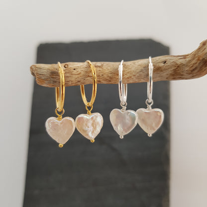 heart shaped freshwater pearl on gold plated and sterling silver hoop earrings