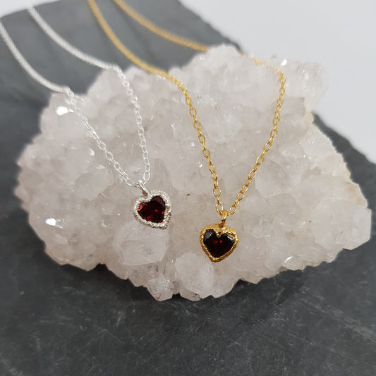 silver and gold electroformed garnet heart pendant necklace