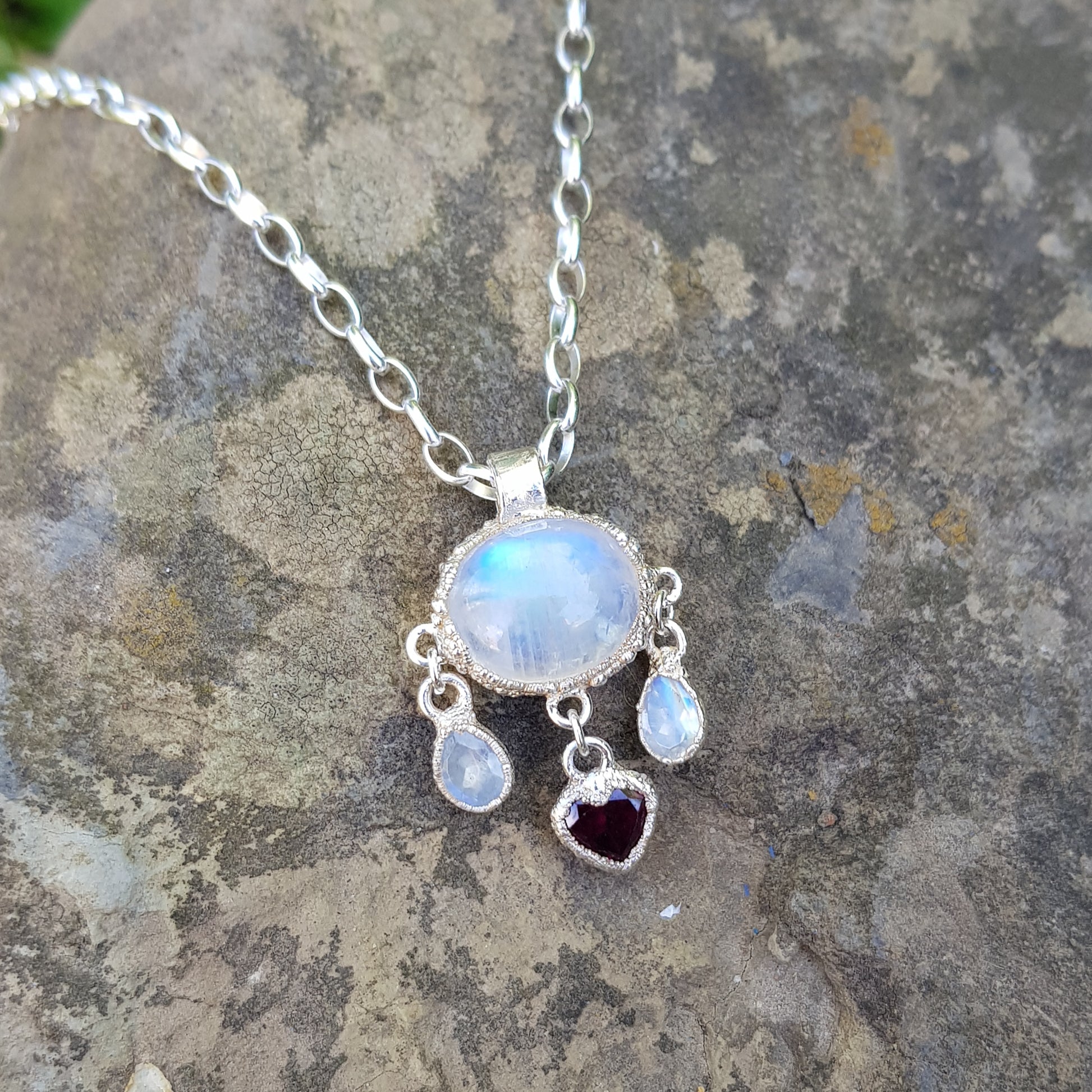 moonstone and rhodolite garnet heart necklace