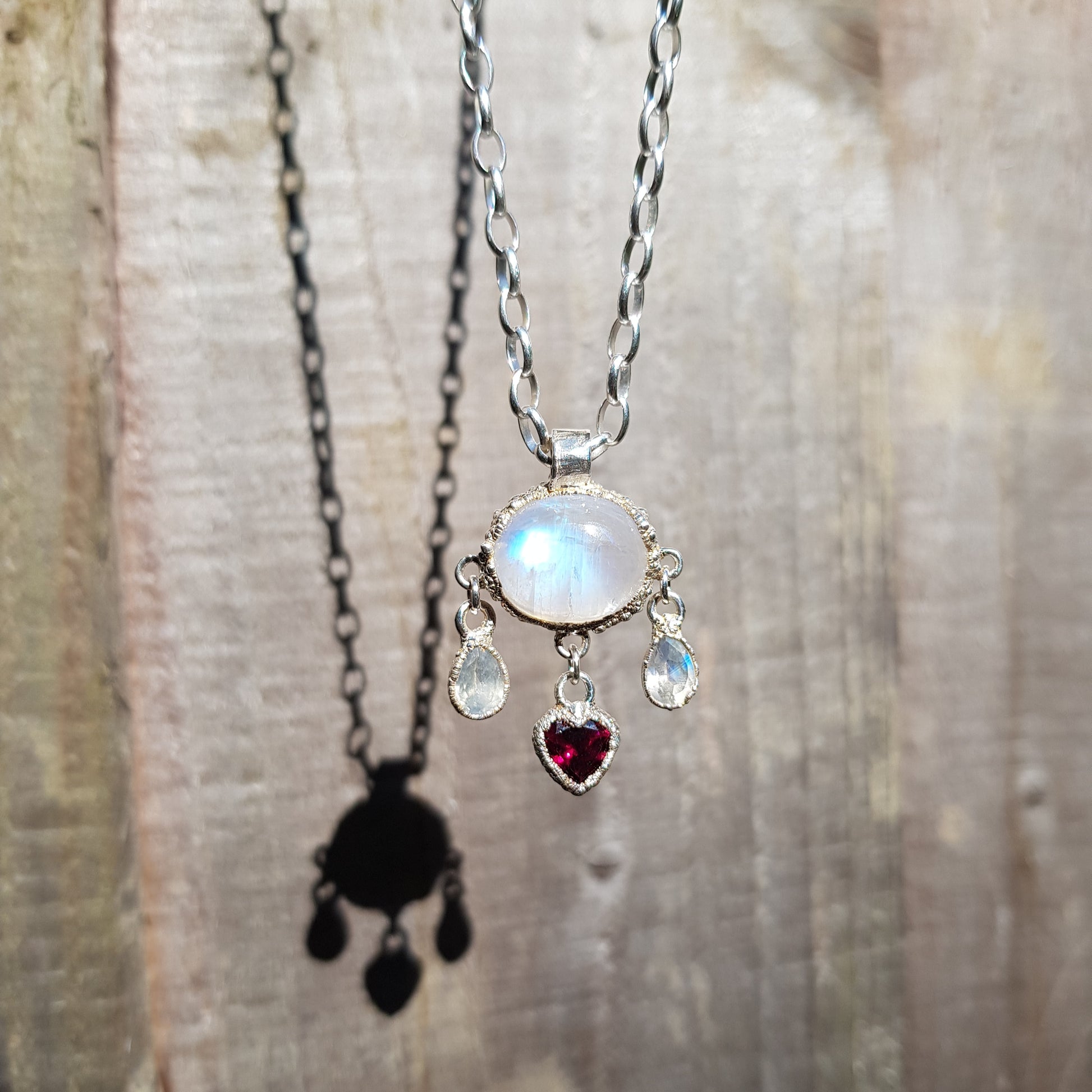 moonstone and rhodolite garnet heart necklace